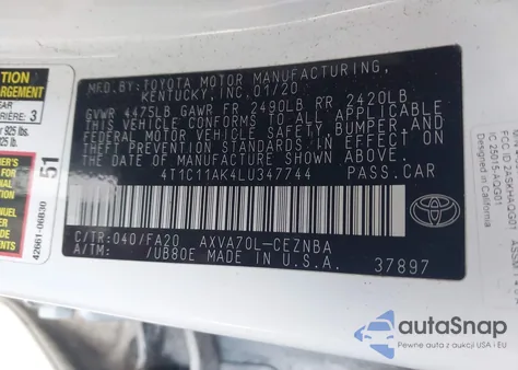 2020 Toyota Camry Le из США, поврежденный, VIN 4T1C11AK4LU347744